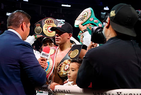 David Benavidez talks to media after his victory over Gilberto Ramirez, not pictured, in a cruiserweight championship boxing match in Las Vegas. 