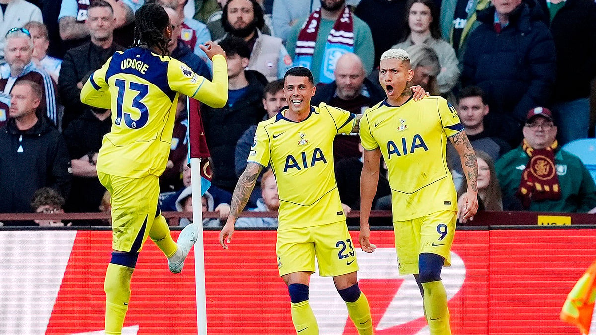 Tottenham's Richarlison, right, celebrates scoring their side's second goal during the English Premier League soccer match between Aston Villa and Tottenham Hotspur in Birmingham. - AP Photo