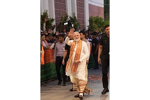 Prime Minister Narendra Modi arrives at BJP headqurters as the party leads during vote tabulation on the day of Assembly election results across four states and one Union Territory (UT), in New Delhi.