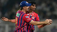 | Photo: AP/Bikas Das : Lucknow Super Giants' Manimaran Siddharth celebrates the wicket of Kolkata Knight Riders' Angkrish Raghuvanshi during the Indian Premier League cricket match between Kolkata Knight Riders and Lucknow Super Giants in Kolkata, India.