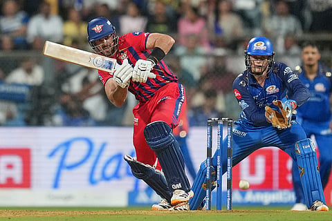 Lucknow Super Giants' Aiden Markram plays a shot during the Indian Premier League cricket match between Mumbai Indians and Lucknow Super Giants in Mumbai, India.