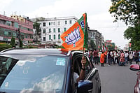 Bengal Loss Exposes Opposition’s Collapse At The Base | Photo: Sandipan chatterjee/Outlook : BJP workers celebrate as trends show the party leading in the West Bengal Assembly elections, in Kolkata.