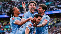 ManCity/X : Manchester City footballers celebrating a goal during Premier League 2025-26. 