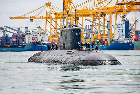 Indian Navy submarine INS Sindhukesari arrives during a visit to enhance maritime cooperation with Sri Lanka, in Colombo, Sri Lanka. 