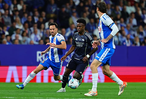Real Madrid's Vinicius Junior in action during the La Liga soccer match between Espanyol and Real Madrid in Barcelona Spain.