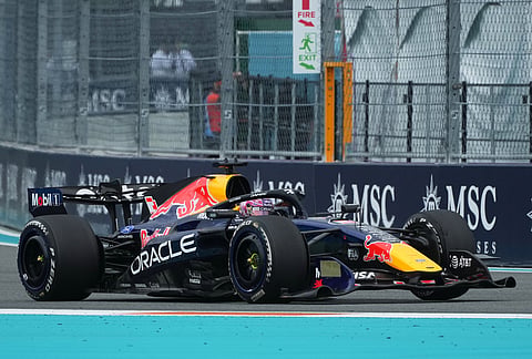 Red Bull driver Max Verstappen of the Netherlands steers his car during the Miami Formula One Grand Prix auto race, in Miami Gardens, Florida.