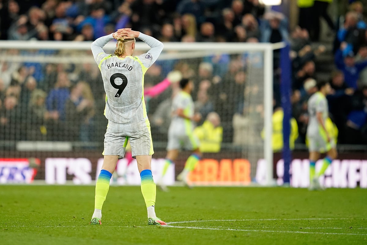 Manchester City's Erling Haaland reacts after Everton scored during the Premier League soccer match between Manchester City and Everton in Liverpool, England. - AP Photo