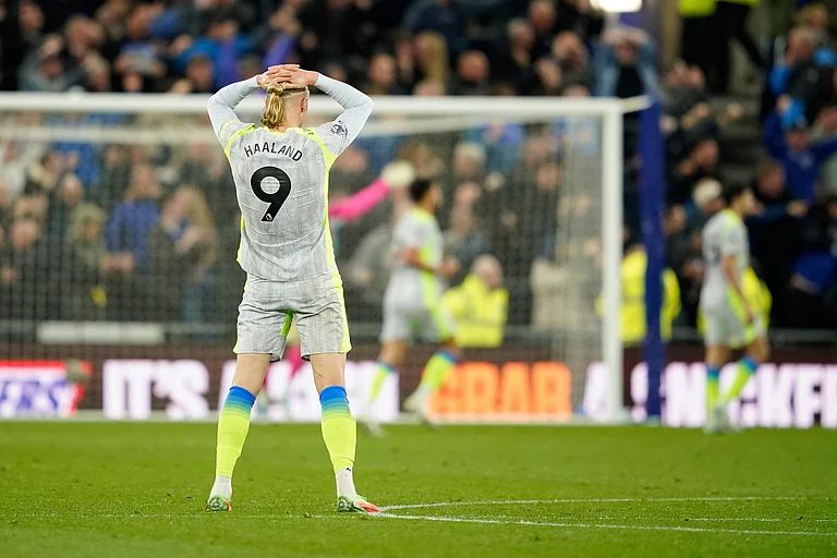 Manchester City's Erling Haaland reacts after Everton scored during the Premier League soccer match between Manchester City and Everton in Liverpool, England. - AP Photo