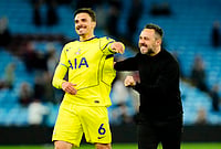 | Photo: Nick Potts/PA via AP : Tottenham Hotspur's Joao Palhinha, left, and manager Roberto de Zerbi celebrate after the English Premier League soccer match between Aston Villa and Tottenham Hotspur in Birmingham, England.