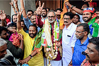 PTI : Thiruvananthapuram: BJP Kerala President and candidate from Nemom Assembly constituency, Rajeev Chandrasekhar, celebrates during vote tabulation on the day of state Assembly election results, in Thiruvananthapuram, Monday, May 4, 2026
