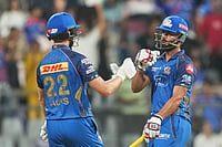 | Photo: AP/Rafiq Maqbool : Mumbai Indians' Will Jack, left, and Naman Dhir celebrate their win during the Indian Premier League cricket match between Mumbai Indians and Lucknow Super Giants in Mumbai, India.