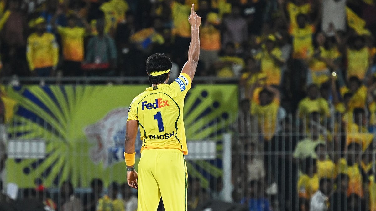 Chennai Super Kings' Ramakrishna Ghosh celebrates the wicket of Mumbai Indians' Suryakumar Yadav during the Indian Premier League cricket match between Chennai Super Kings and Mumbai Indians in Chennai. - AP Photo