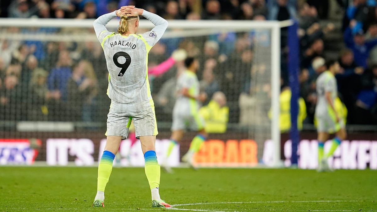 Manchester City's Erling Haaland reacts after Everton scored during the Premier League soccer match between Manchester City and Everton in Liverpool, England. - AP Photo