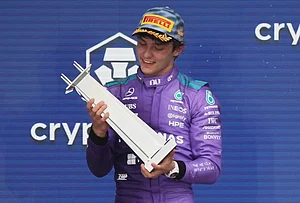 | Photo: AP/Lynne Sladky : Mercedes driver Kimi Antonelli of Italy holds his trophy after winning the Miami Formula One Grand Prix auto race, Sunday, May 3, 2026, in Miami Gardens, Florida.