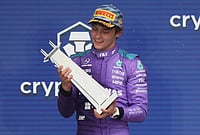 | Photo: AP/Lynne Sladky : Mercedes driver Kimi Antonelli of Italy holds his trophy after winning the Miami Formula One Grand Prix auto race, Sunday, May 3, 2026, in Miami Gardens, Florida. 