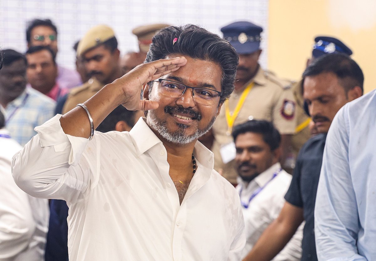 Chennai: Tamilaga Vettri Kazhagam (TVK) chief and candidate from the Perambur constituency, Vijay, celebrates after winning in the Tamil Nadu Assembly elections results, in Chennai, Monday, May 4, 2026.  - PTI