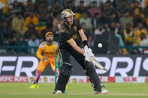 Hyderabad Kingsmen's Marnus Labuschagne plays a shot during the Pakistan Super League final cricket match between Peshawar Zalmi and Hyderabad Kingsmen, in Lahore, Pakistan.