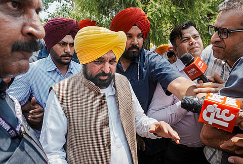 Punjab Chief Minister Bhagwant Mann after addressing the media following a meeting with President Droupadi Murmu, in New Delhi.