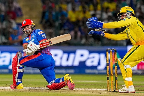 Delhi Capitals' Karun Nair plays a shot during the Indian Premier League (IPL) 2026 T20 cricket match between Delhi Capitals and Chennai Super Kings, in New Delhi.