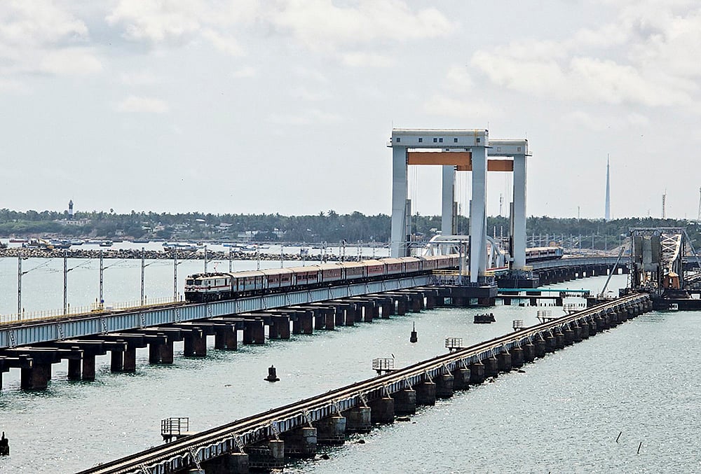 Train passes over New Pamban Bridge