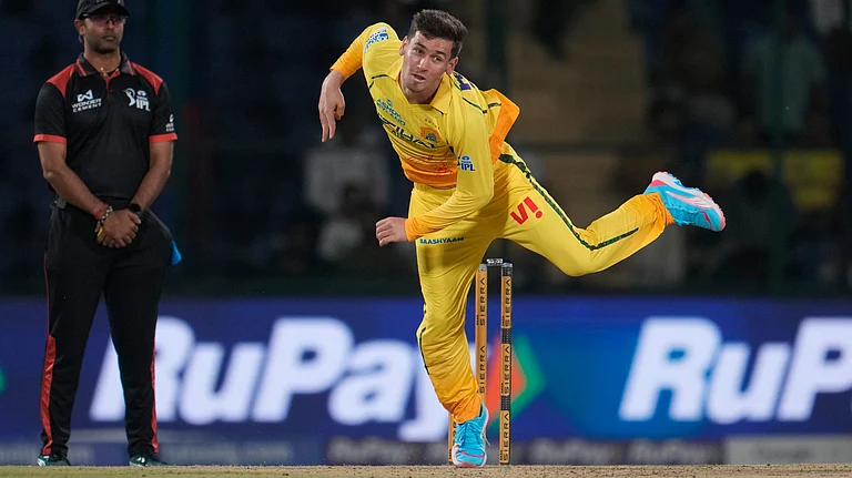 Chennai Super Kings' Noor Ahmad bowls a delivery during the Indian Premier League cricket match between Chennai Super Kings and Delhi Capitals in New Delhi, India, Tuesday, May 5, 2026 - (AP Photo/Manish Swarup)