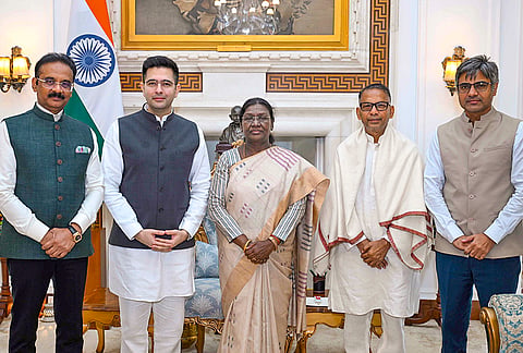 President Droupadi Murmu, centre, during a meeting with Rajya Sabha MPs Raghav Chadha, Sandeep Pathak, Rajinder Gupta and Ashok Mittal at Rashtrapati Bhavan, in New Delhi.
