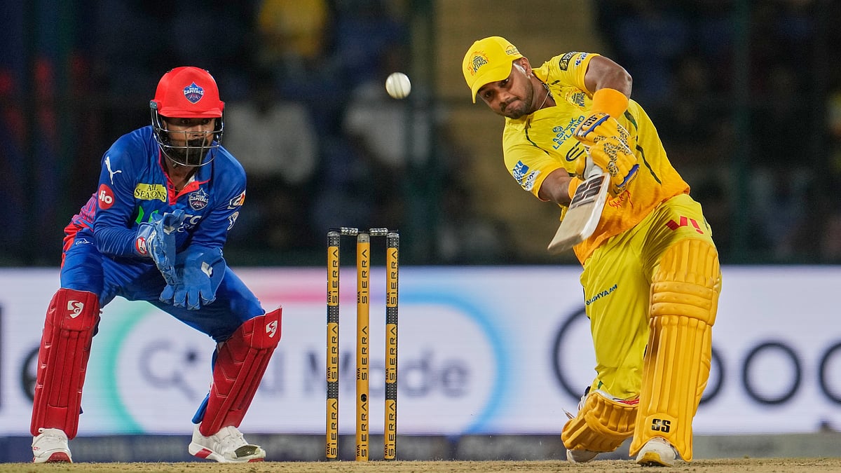 Chennai Super Kings' Kartik Sharma hits a six during the Indian Premier League cricket match between Chennai Super Kings and Delhi Capitals in New Delhi. - AP Photo