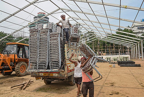 Preparations underway ahead of Bihar government’s cabinet expansion ceremony, at Gandhi Maidan, in Patna.