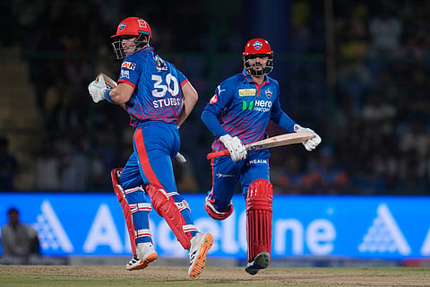 Delhi Capitals' Sameer Rizvi and Tristan Stubbs run between the wickets to score during the Indian Premier League cricket match between Chennai Super Kings and Delhi Capitals in New Delhi, India.