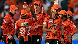AP Photo : Sunrisers Hyderabad's captain Pat Cummins, second from left, celebrates with teammates the wicket of Kolkata Knight Riders' Finn Allen during the Indian Premier League cricket match between Sunrisers Hyderabad and Kolkata Knight Riders in Hyderabad, India.