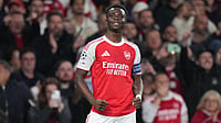 Arsenal 1-0 Atletico Madrid, UEFA Champions League 2025-26: Gunners Clinch Final Berth With Narrow Victory AP Photo : Arsenal's Bukayo Saka celebrates after scoring the opening goal during a Champions League semifinal, second leg, soccer match between Arsenal FC and Atletico Madrid in London.