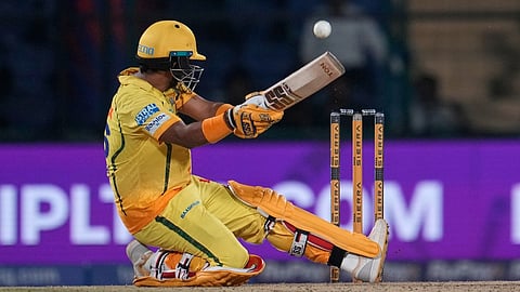 Kartik Sharma hits a boundary during the Indian Premier League match between Chennai Super Kings and Delhi Capitals in New Delhi.