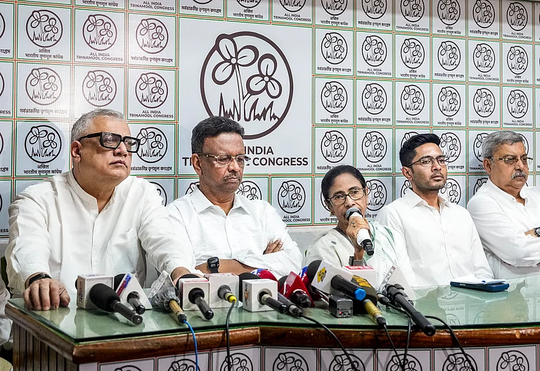 TMC supremo Mamata Banerjee addresses a press conference following the West Bengal Assembly elections result, at her residence, in Kolkata. - PTI