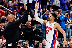| Photo: AP/Duane Burleson : Detroit Pistons forward Tobias Harris (12) celebrates with head coach J.B. Bickerstaff, left, as he leaves late in the fourth quarter of a win over the Orlando Magic in Game 7 of a first-round NBA basketball playoffs series in Detroit.
