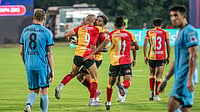 AIFF Media : East Bengal players celebrate Youssef Ezzejjari's goal against Mumbai City FC in Indian Super League.