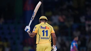 AP : Sanju Samson celebrates his half century during the Indian Premier League match between Chennai Super Kings and Delhi Capitals in New Delhi.