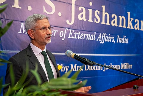 External Affairs Minister S Jaishankar addresses the gathering during his visit to the University of the West Indies, in Kingston. 
