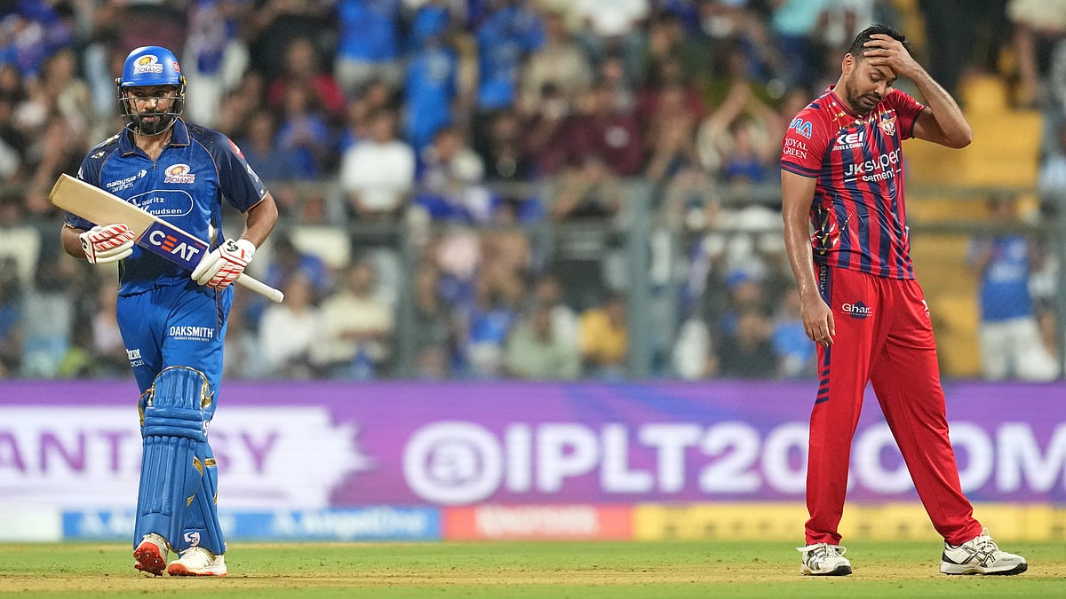 Lucknow Super Giants' Avesh Khan reacts after Mumbai Indians' Rohit Sharma hits a boundary during the Indian Premier League cricket match between Mumbai Indians and Lucknow Super Giants in Mumbai, India, Monday, May 4, 2026. - | Photo: AP/Rafiq Maqbool