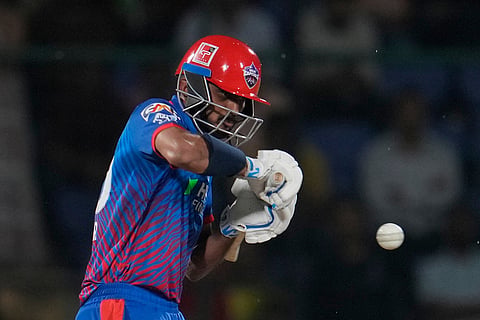 Delhi Capitals' captain Axar Patel plays a shot during the Indian Premier League cricket match between Chennai Super Kings and Delhi Capitals in New Delhi, India.