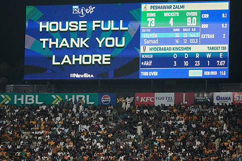 House full massage displays on the big screen during the Pakistan Super League final cricket match between Peshawar Zalmi and Hyderabad Kingsmen, in Lahore, Pakistan,