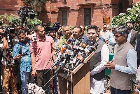 Rajya Sabha MP Raghav Chadha addresses the media after meeting President Droupadi Murmu, in New Delhi. Rajya Sabha MPs Sandeep Pathak, Ashok Mittal and others are also seen. 