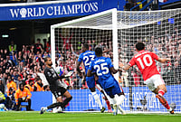 | Photo: John Walton/PA via AP : Chelsea goalkeeper Robert Sanchez, left, reacts after Nottingham Forest's Taiwo Awoniyi, center obscured, scores their side's third goal of the game during the English Premier League soccer match between Chelsea and Nottingham Forest in London.