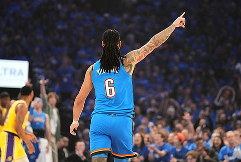 Oklahoma City Thunder's Jaylin Williams (6) celebrates a basket in the first half of Game 1 in a second-round NBA basketball playoffs series against the Los Angeles Lakers in Oklahoma City. 