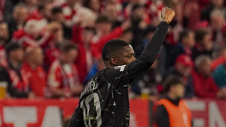 Ousmane Dembele celebrates after scoring a goal during Bayern Munich vs PSG UEFA Champions League 2025-26 match. - PSG_English/X
