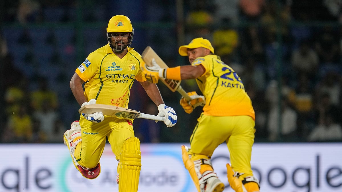 Chennai Super Kings' Sanju Samson and Kartik Sharma run between the wickets to score during the Indian Premier League cricket match between Chennai Super Kings and Delhi Capitals in New Delhi, India, Tuesday, May 5, 2026. - (AP Photo/Manish Swarup)