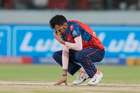 Punjab Kings' Yuzvendra Chahal reacts following a possible catching chance was put down by Lockie Ferguson during the Indian Premier League cricket match between Sunrisers Hyderabad and Punjab Kings in Hyderabad, India, Wednesday, May 6, 2026