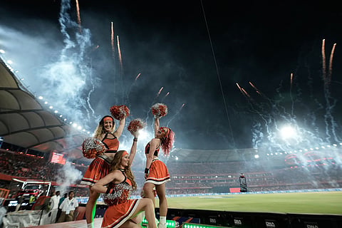 Cheer leaders perform before the Indian Premier League cricket match between Sunrisers Hyderabad and Punjab Kings in Hyderabad, India.