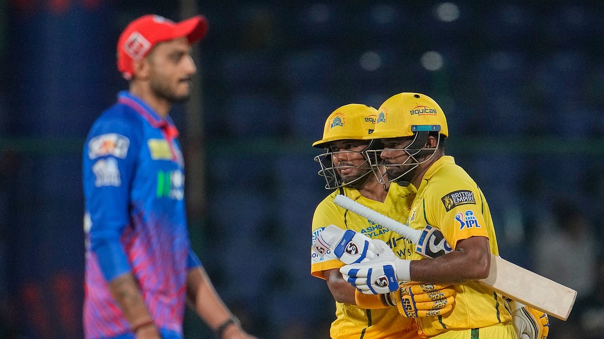 Chennai Super Kings' Kartik Sharma and Sanju Samson celebrate their win in the Indian Premier League cricket match between Chennai Super Kings and Delhi Capitals in New Delhi, India, Tuesday, May 5, 2026. - (AP Photo/Manish Swarup)