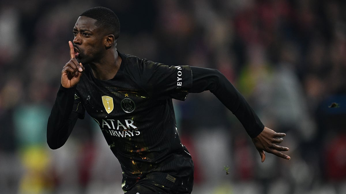Ousmane Dembele celebrating after scoring a goal against Bayern Munich in UEFA Champions League 2025-26 semi-final leg 2.  - AP Photo