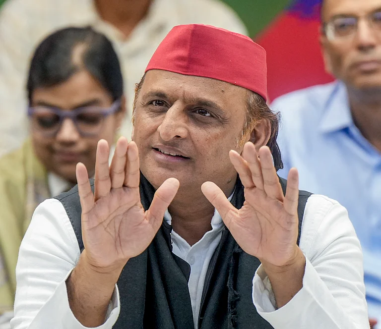 Samajwadi Party president Akhilesh Yadav addresses a press conference at the party office, in Lucknow, Uttar Pradesh. - PTI